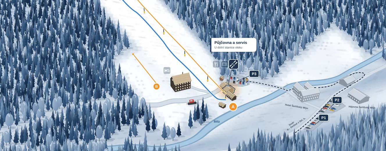 Ilustrovaná mapa s polohou půjčovny a servisu Skiareálu Šerlišský mlýn v Deštném v Orlických horách.