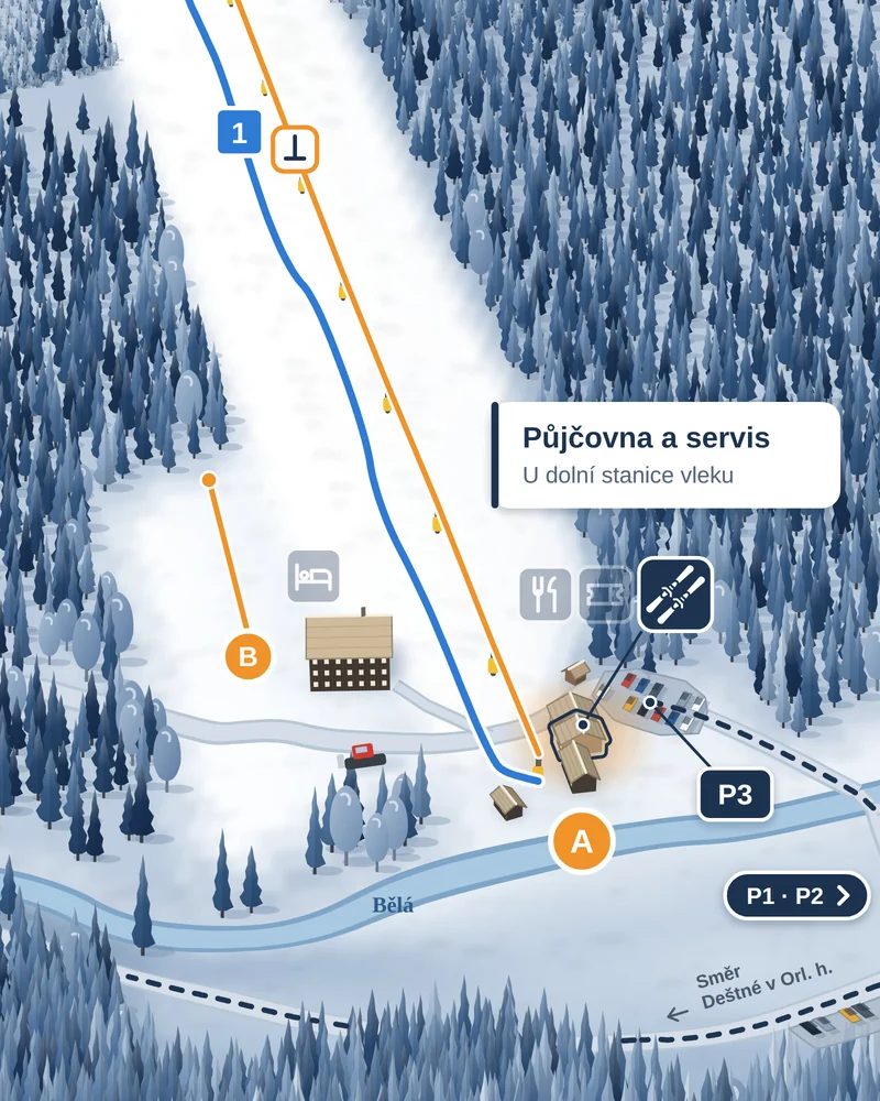 Ilustrovaná mapa s polohou půjčovny a servisu Skiareálu Šerlišský mlýn v Deštném v Orlických horách.