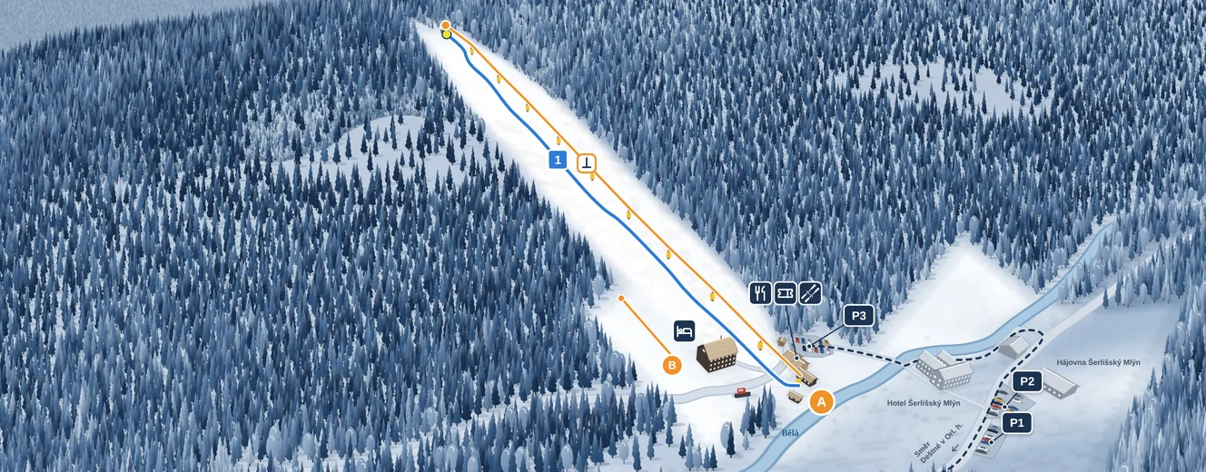 Ilustrovaná mapa Skiareálu Šerlišský mlýn: sjezdovka s hlavním vlekem, dětský vlek u chaty Kačenka, bufet, pokladna a půjčovna u dolní stanice na říčce Bělá.