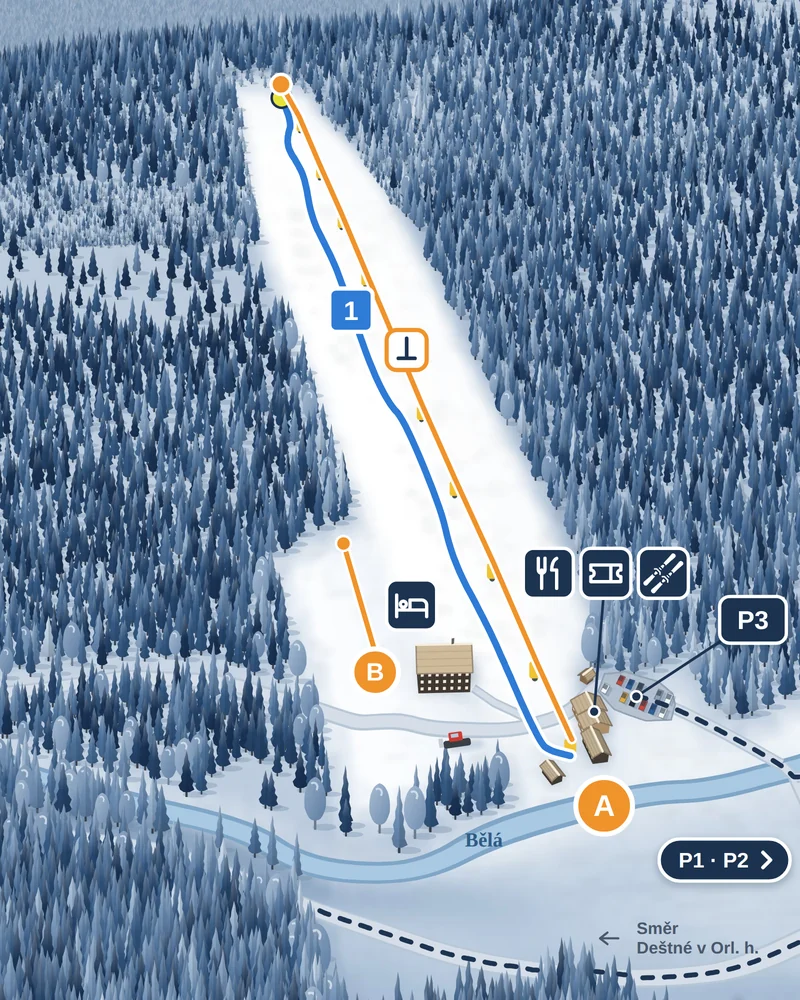 Ilustrovaná mapa Skiareálu Šerlišský mlýn: sjezdovka s hlavním vlekem, dětský vlek u chaty Kačenka, bufet, pokladna a půjčovna u dolní stanice na říčce Bělá.