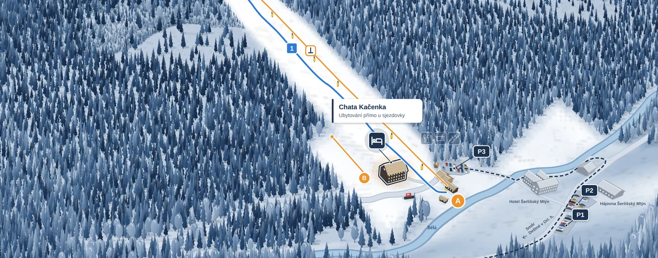 Ilustrovaná mapa areálu Šerlišský mlýn s polohou Chaty Kačenka u sjezdovky v Deštném v Orlických horách.