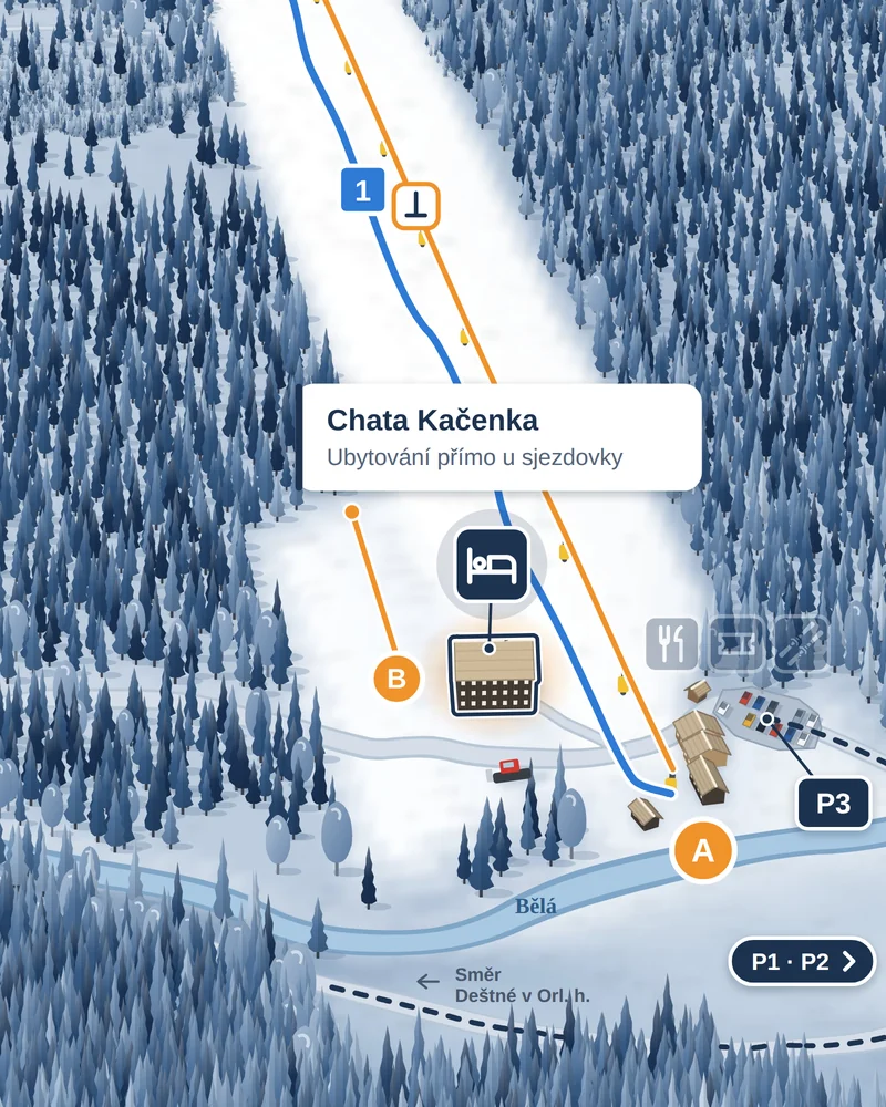 Ilustrovaná mapa areálu Šerlišský mlýn s polohou Chaty Kačenka u sjezdovky v Deštném v Orlických horách.